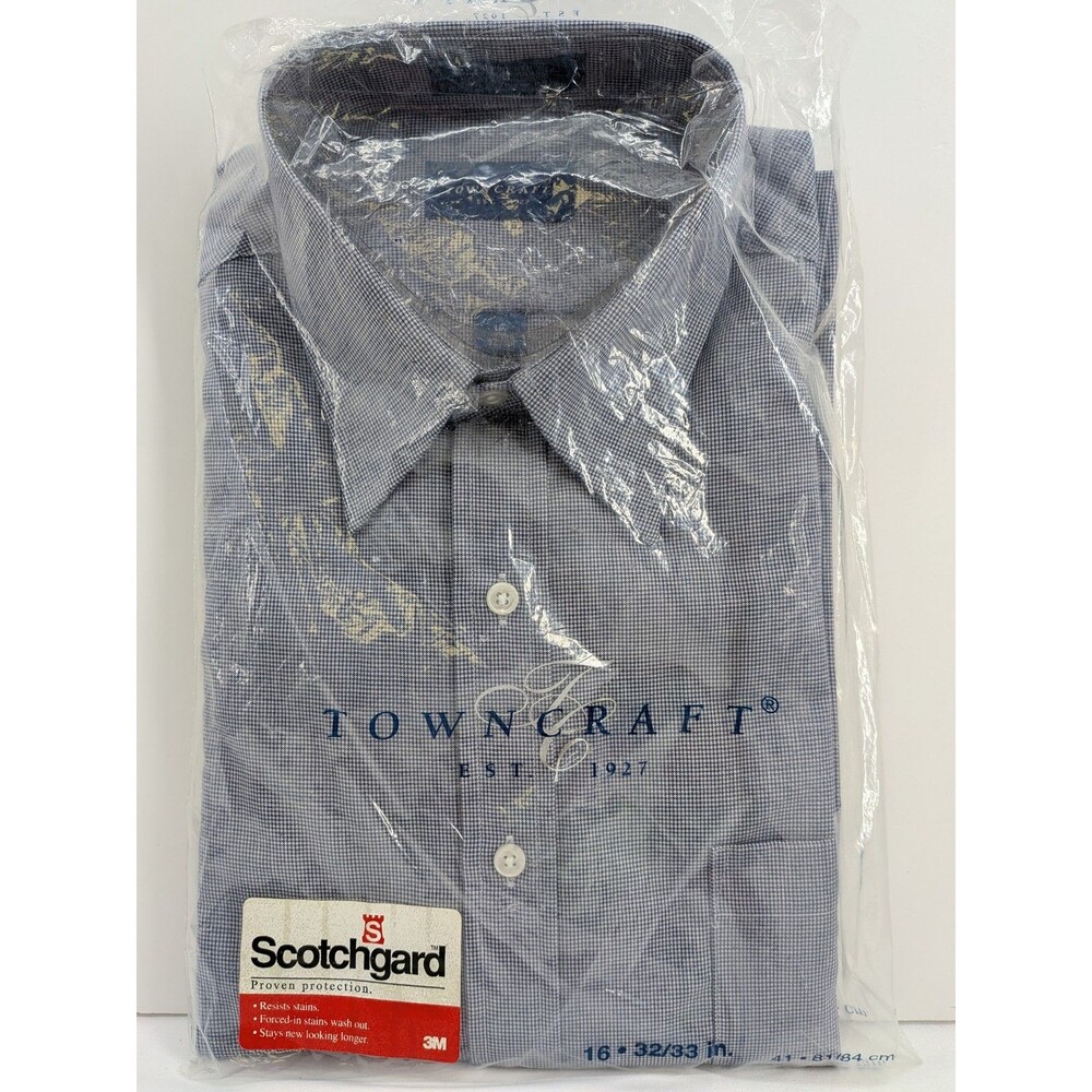 NWT Towncraft Men's Regular Fit Dress Shirt Size 16 32/33 Blue Micro Check VTG